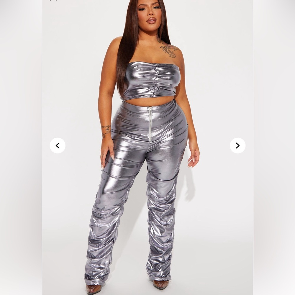 Fashion Nova Silver Metallic Straight Leg Pants & Jumpsuit